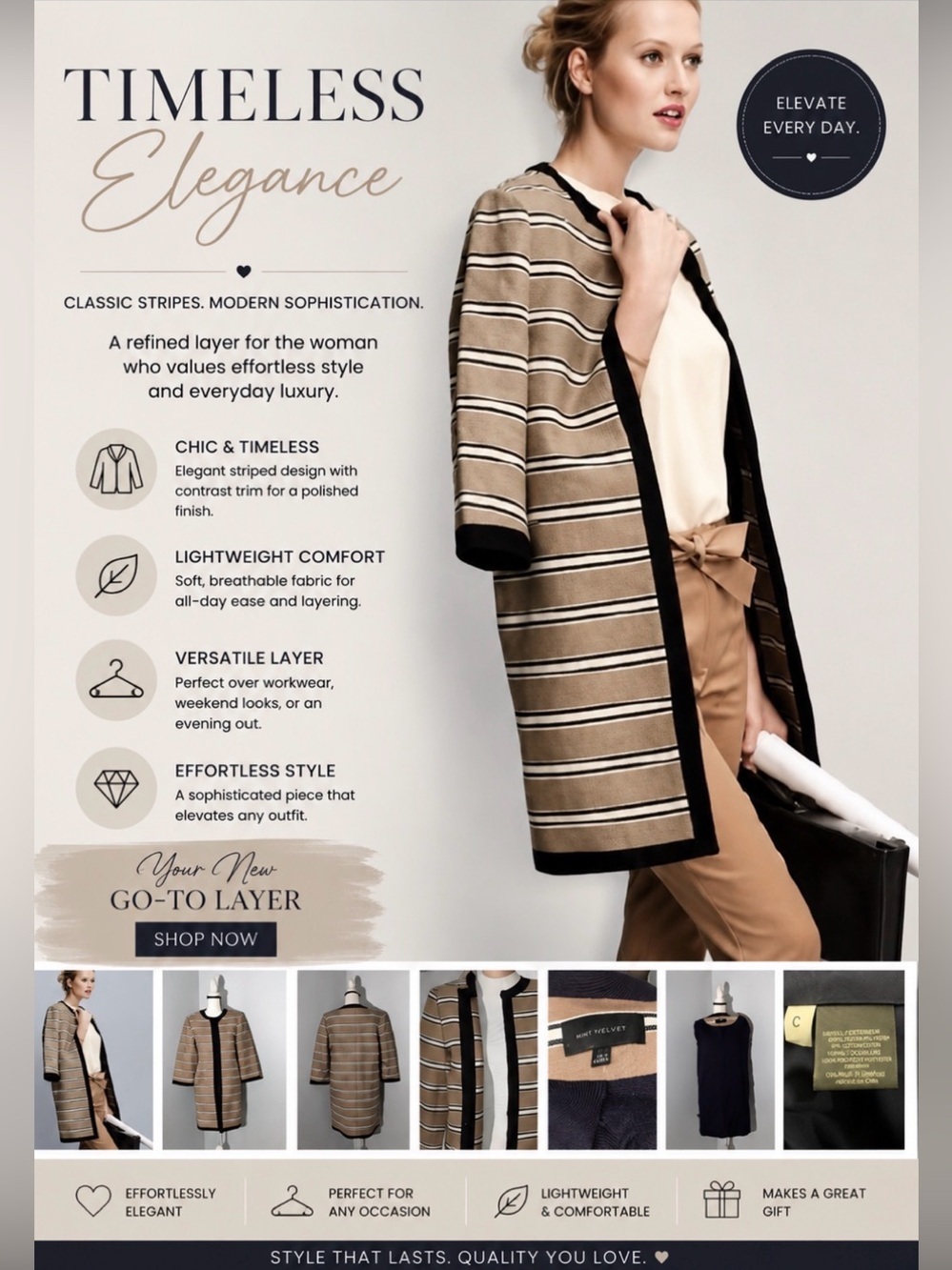 Ann Taylor XS Rail Stripe Topper Coat Beige Navy White Tan